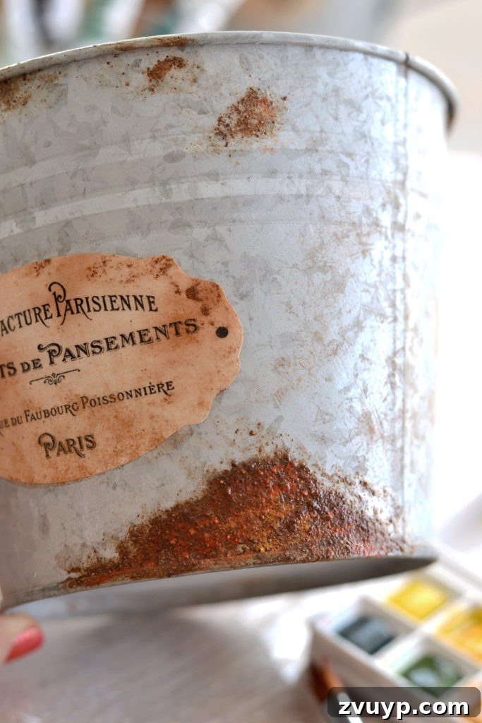 Distressed Rust Pot Makeover 11 Adding watercolor to faux rust for realistic tones