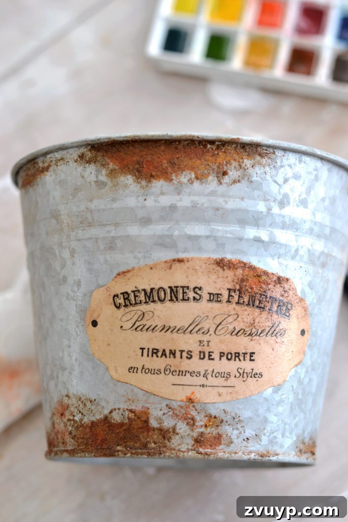 Distressed Rust Pot Makeover 12 Finished faux rusted pots with French labels