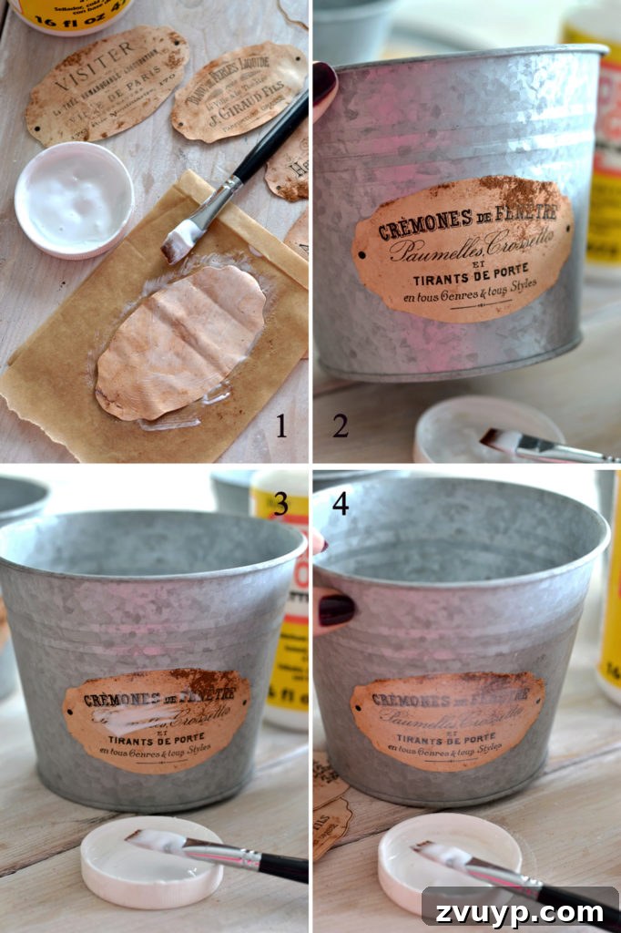 Distressed Rust Pot Makeover 5 Step-by-step applying French labels to zinc pots