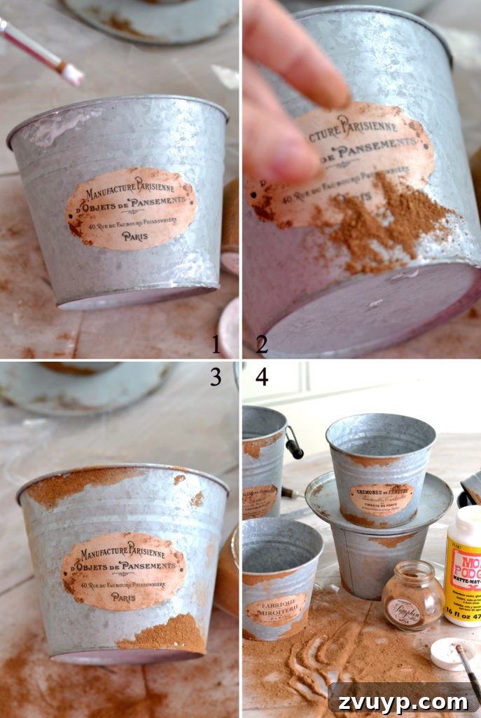 Distressed Rust Pot Makeover 8 Applying cinnamon and Mod Podge for faux rust