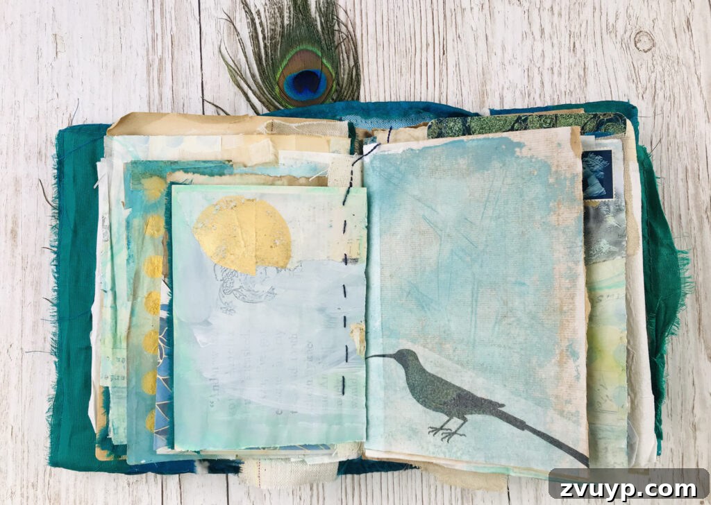 Jane Chipp's Gilded Peacock Junk Journal 11 Hand-painted journal page with intricate details and textures