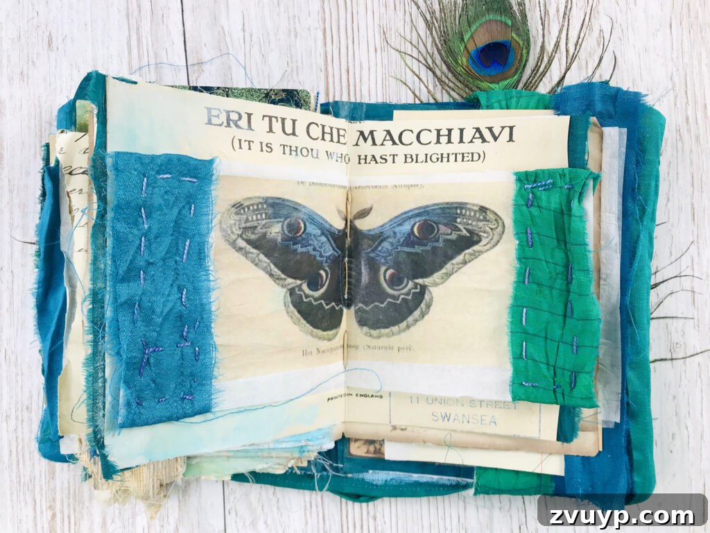 Jane Chipp's Gilded Peacock Junk Journal 13 Butterfly journal center spread with intricate stitching