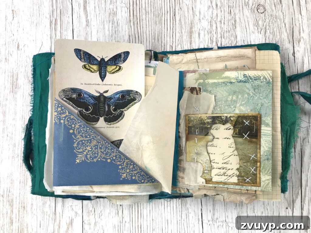 Jane Chipp's Gilded Peacock Junk Journal 4 Close up of peacock ephemera junk journal pages with bird image