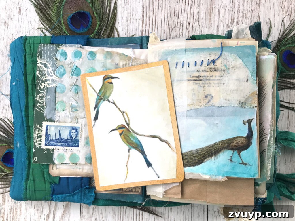 Jane Chipp's Gilded Peacock Junk Journal 6 Hand-painted bird image in a junk journal