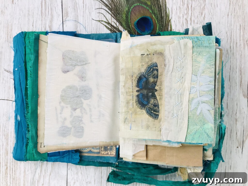 Jane Chipp's Gilded Peacock Junk Journal 7 Butterfly themed junk journal page with natural elements