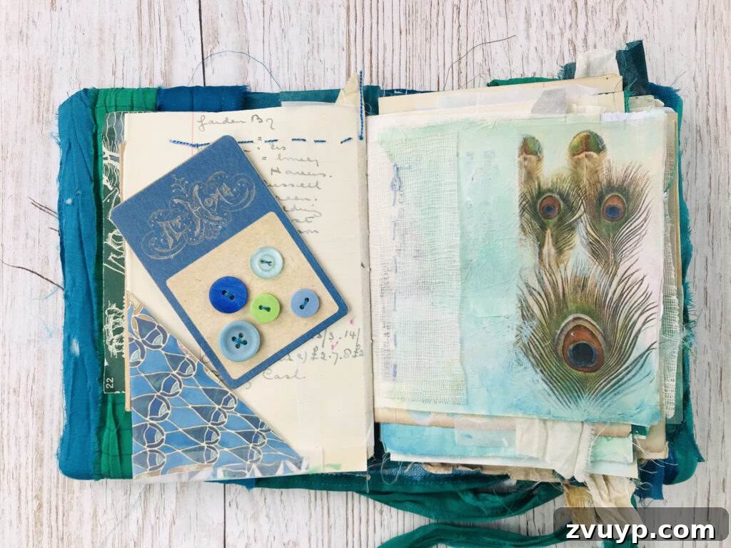 Jane Chipp's Gilded Peacock Junk Journal 8 Junk journal button card featuring vintage buttons and a peacock tail design