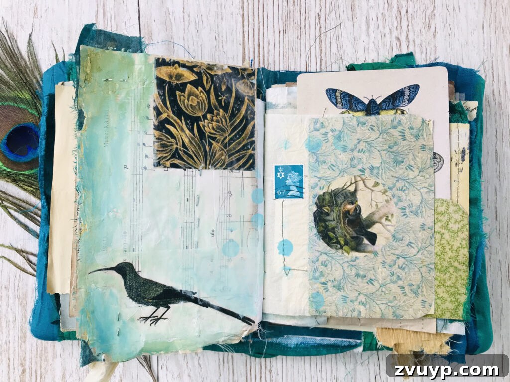 Jane Chipp's Gilded Peacock Junk Journal 9 Delicate endpapers used in a junk journal page, creating a subtle texture
