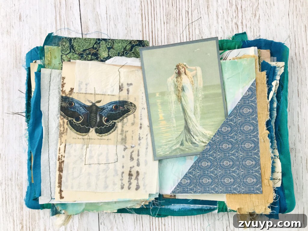 Jane Chipp's Gilded Peacock Junk Journal 10 Vintage ocean woman image featured as a card in a junk journal