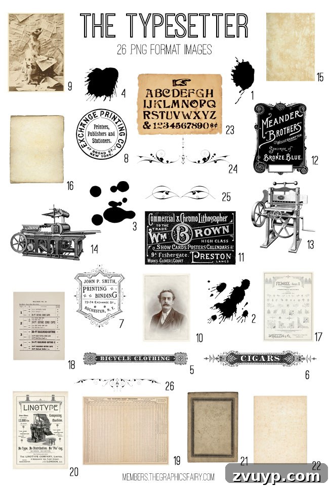 Graphics Fairy Premium: The Essential Vintage Typesetting Toolkit 3 Vintage Typesetter Ephemera Digital Image Bundle Preview