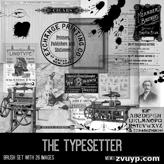 Graphics Fairy Premium: The Essential Vintage Typesetting Toolkit 4 Vintage Typesetter Ephemera Photoshop Brush Set Preview