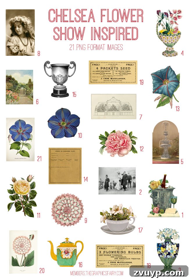 Graphics Fairy Premium Chelsea Flower Show Kit 3 Preview of vintage Chelsea Flower Show inspired ephemera digital image bundle