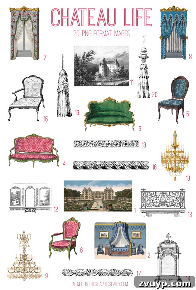 Chateau Elegance Essentials: Graphics Fairy Premium Library 2 Vintage Chateau Life Ephemera Digital Image Bundle Preview