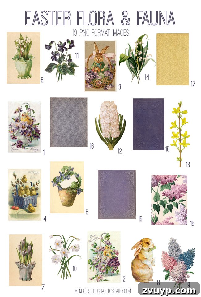 Vintage Easter Flora & Fauna Ephemera Digital Image Bundle - Detailed Preview