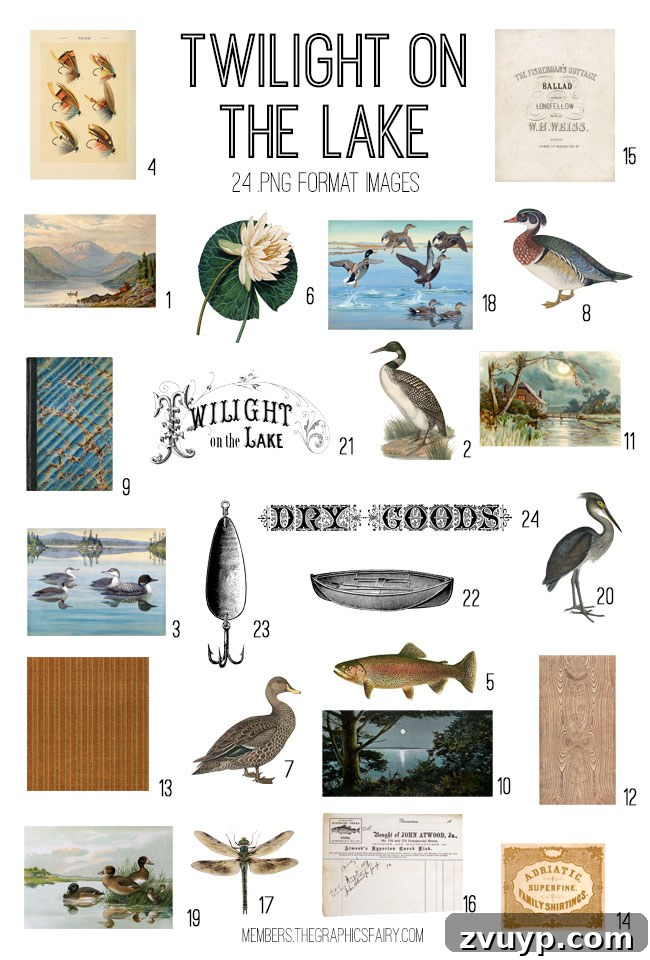 Unlock the Twilight on the Lake Kit with Graphics Fairy Premium 2 Vintage Twilight on the Lake digital image bundle for crafts and design