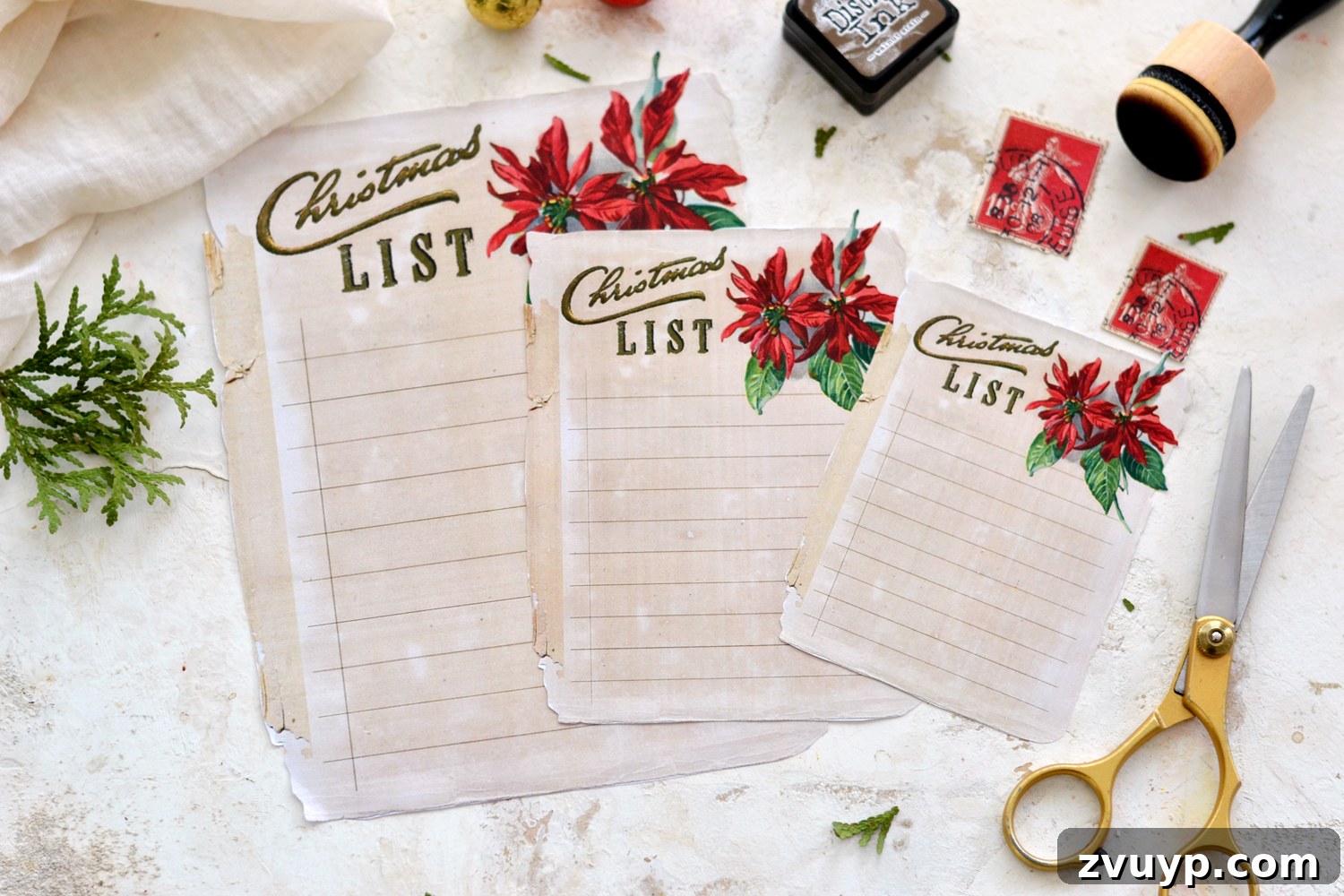 Downloadable Christmas Gift Planner 10 Ruled Christmas lists displayed in three different sizes, providing a classic format for organized holiday planning.