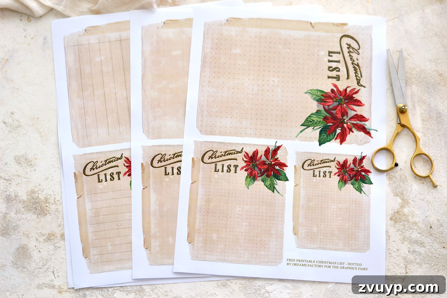 Downloadable Christmas Gift Planner 5 Christmas list crafting supplies including paper, scissors, and distress inks for a vintage look.