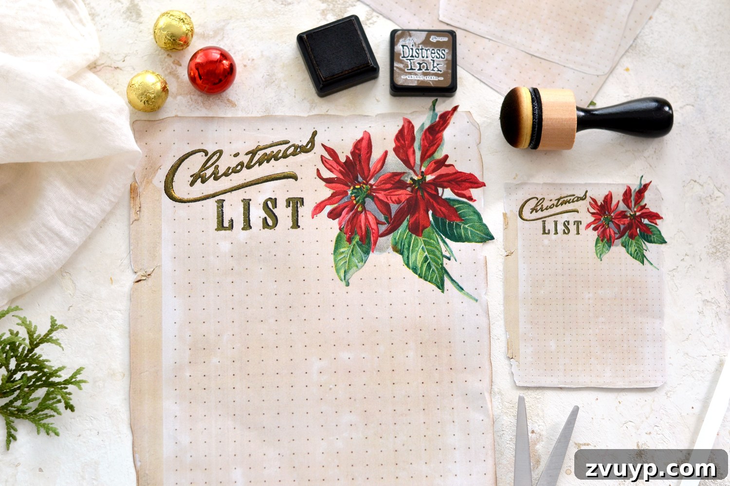 Downloadable Christmas Gift Planner 6 Applying distress ink to the edges of a dotted Christmas list printable for an authentic aged appearance.