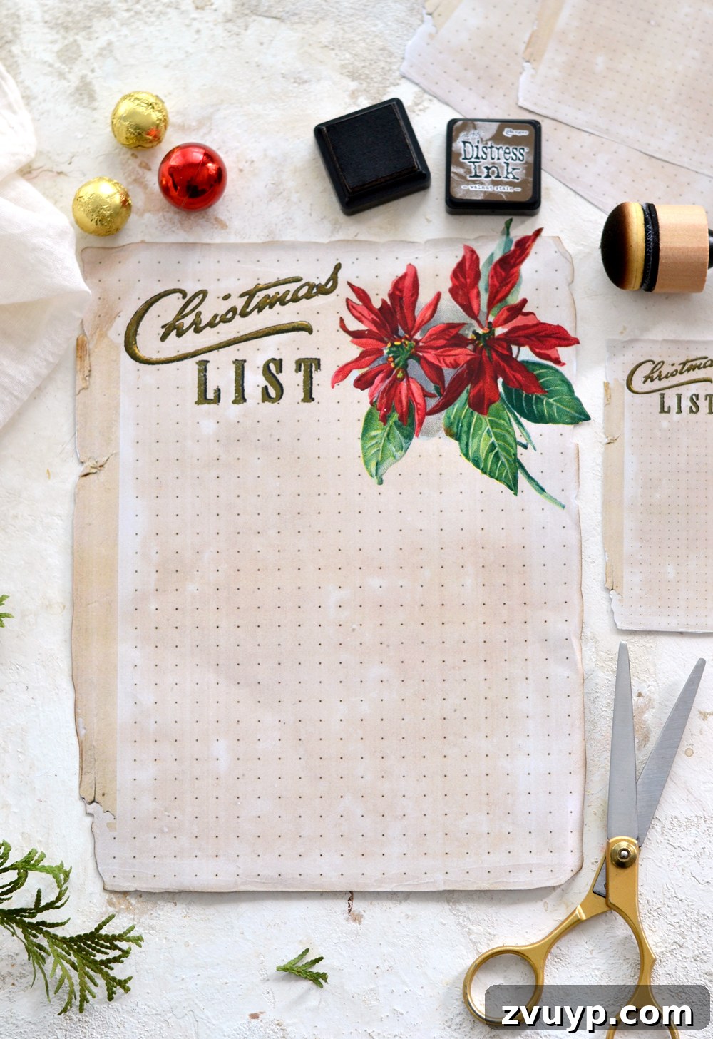 Downloadable Christmas Gift Planner 7 Close-up of a completed dotted Christmas list, showcasing the vintage design and distressed edges.