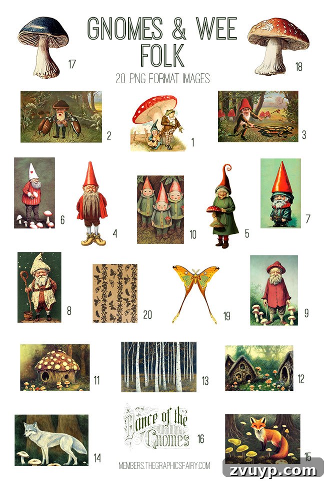 Your Enchanting Gnomes and Wee Folk Kit from Graphics Fairy Premium 2 Detailed preview of vintage Gnomes & Wee Folk ephemera digital image bundle content