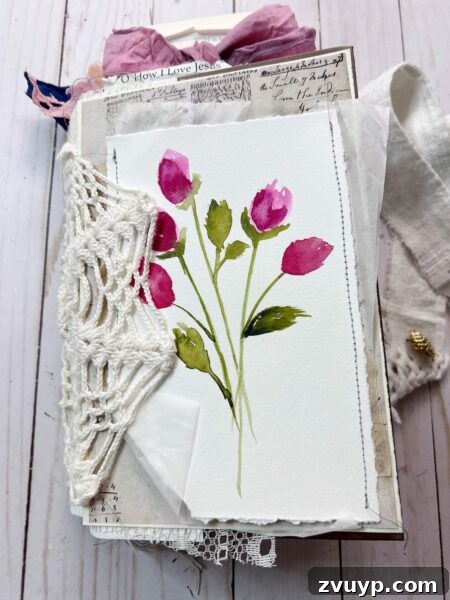 Ingrid Carlsen's Petal & Sip Junk Journal 2 Junk journal cover with handpainted roses and a delicate, vintage aesthetic