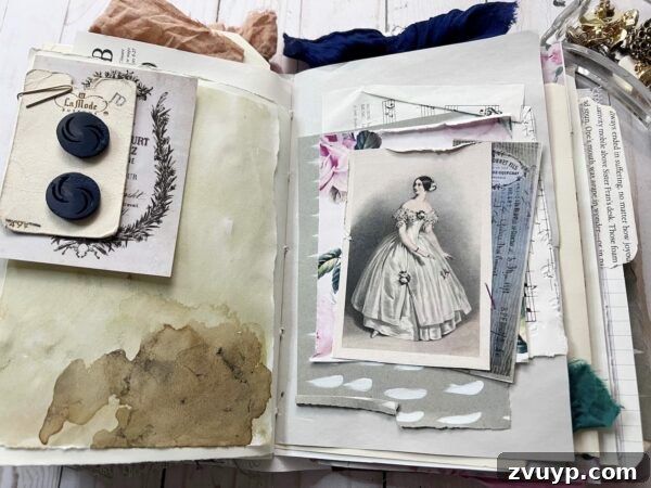 Ingrid Carlsen's Petal & Sip Junk Journal 11 Junk journal spread with richly layered papers, ephemera, and intricate details, creating a vintage collage