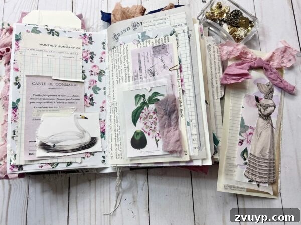 Ingrid Carlsen's Petal & Sip Junk Journal 13 Junk journal spread adorned with various tags and pockets, showcasing intricate layering and vintage appeal