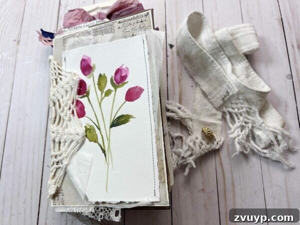 Ingrid Carlsen's Petal & Sip Junk Journal 3 Close-up of the junk journal cover featuring intricate rose imagery and vintage textures