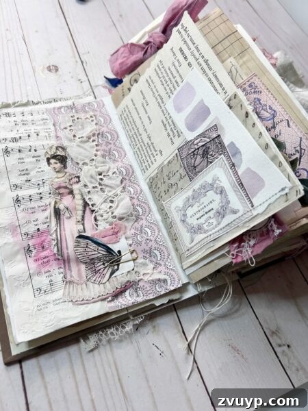Ingrid Carlsen's Petal & Sip Junk Journal 5 Junk journal spread featuring a pink lady print, delicate floral accents, and layered papers