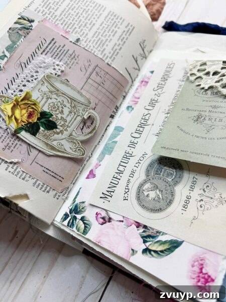 Ingrid Carlsen's Petal & Sip Junk Journal 6 Junk journal spread with a charming tea cup motif, soft colors, and intricate details