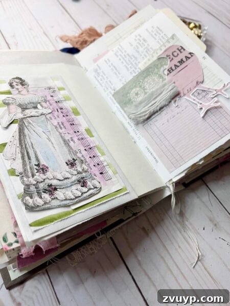 Ingrid Carlsen's Petal & Sip Junk Journal 7 Junk journal spread featuring a cutout of a lady, surrounded by intricate vintage paper layers and embellishments