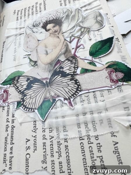 Ingrid Carlsen's Petal & Sip Junk Journal 10 Junk journal spread showcasing a delicate butterfly amidst layers of different textured papers and vintage elements