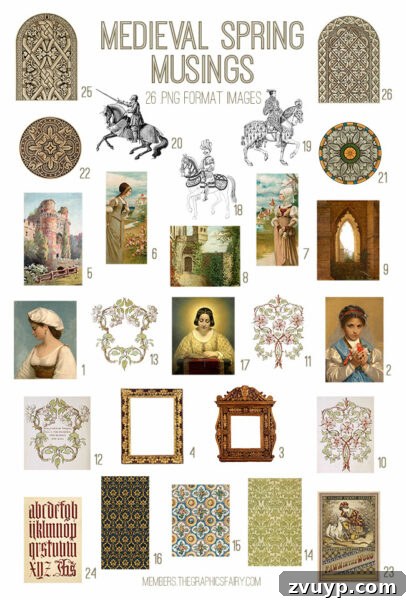 Graphics Fairy's Premium Medieval Spring Musings Kit 2 vintage Medieval Spring Musings ephemera digital image bundle preview