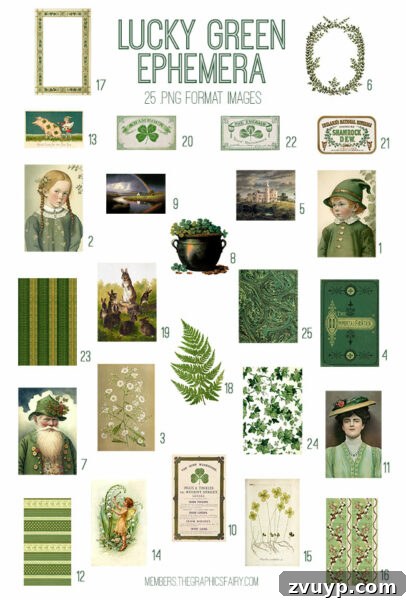 Graphics Fairy Premium Lucky Green Ephemera Kit 2 vintage Lucky Green Ephemera digital image bundle