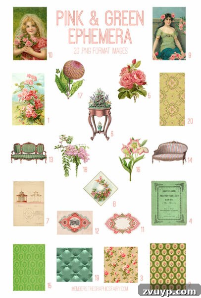 Vintage Pink & Green Ephemera Digital Image Bundle Preview
