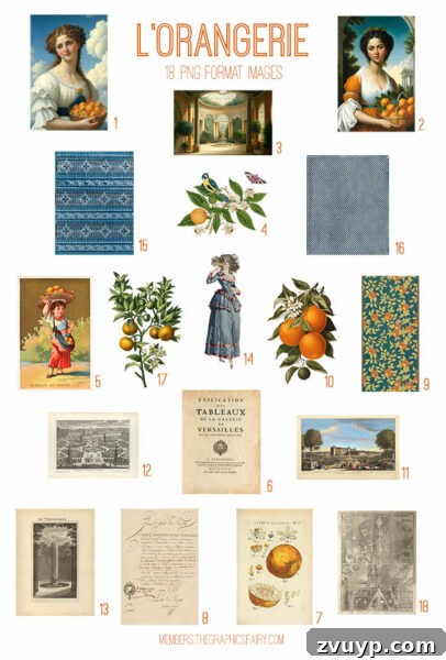 Detailed vintage L'Orangerie ephemera digital image bundle for crafting and design