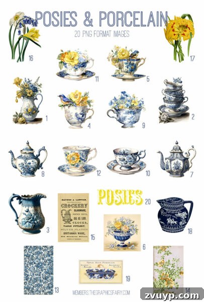 Vintage Posies & Porcelain Digital Image Bundle Sample with diverse elements