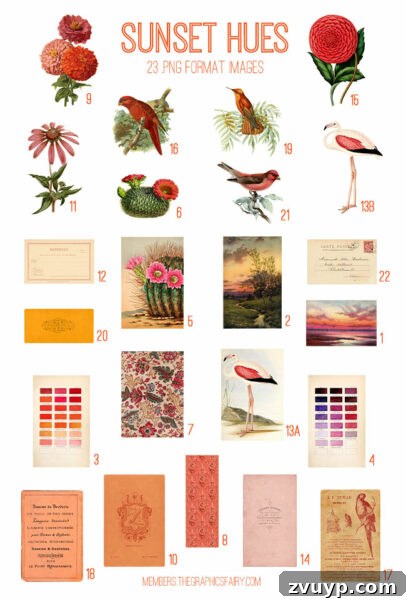 Graphics Fairy Premium Access: Sunset Hues Kit 2 Detailed preview of vintage Sunset Hues ephemera digital image bundle