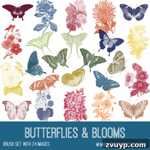 Vintage Butterflies & Blooms Ephemera Brush Set for Photoshop - digital creativity