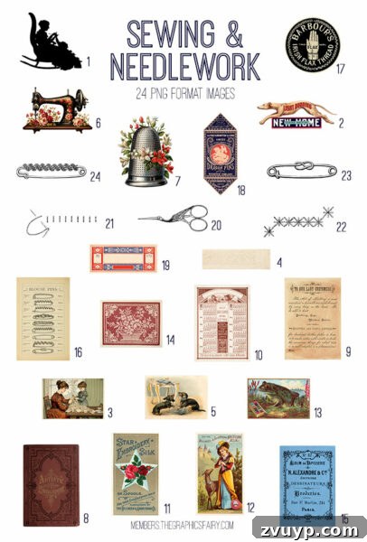 Graphics Fairy Premium Sewing and Needlework Kit 3 vintage Sewing and Needlework ephemera digital image bundle preview