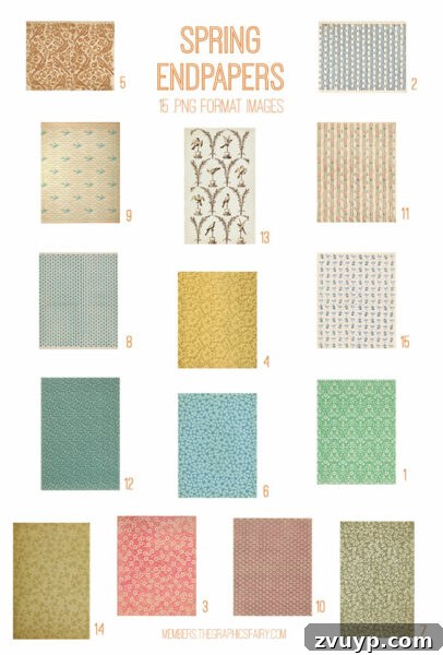 Detailed vintage Spring Endpapers ephemera digital image bundle