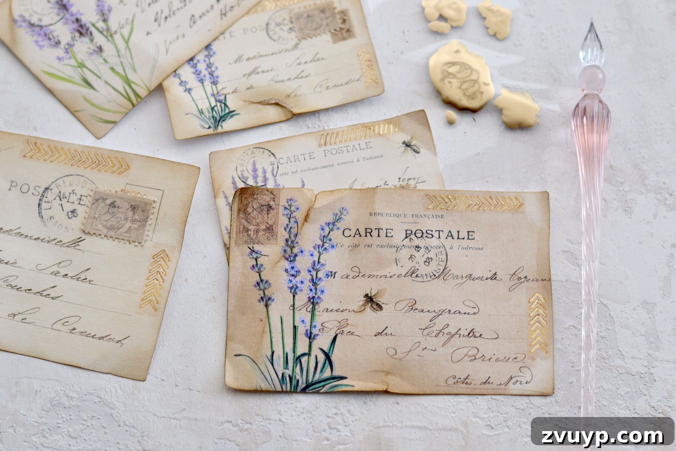 Handcrafted Lavender Postcards Featuring Faux Washi 13 painting with gold