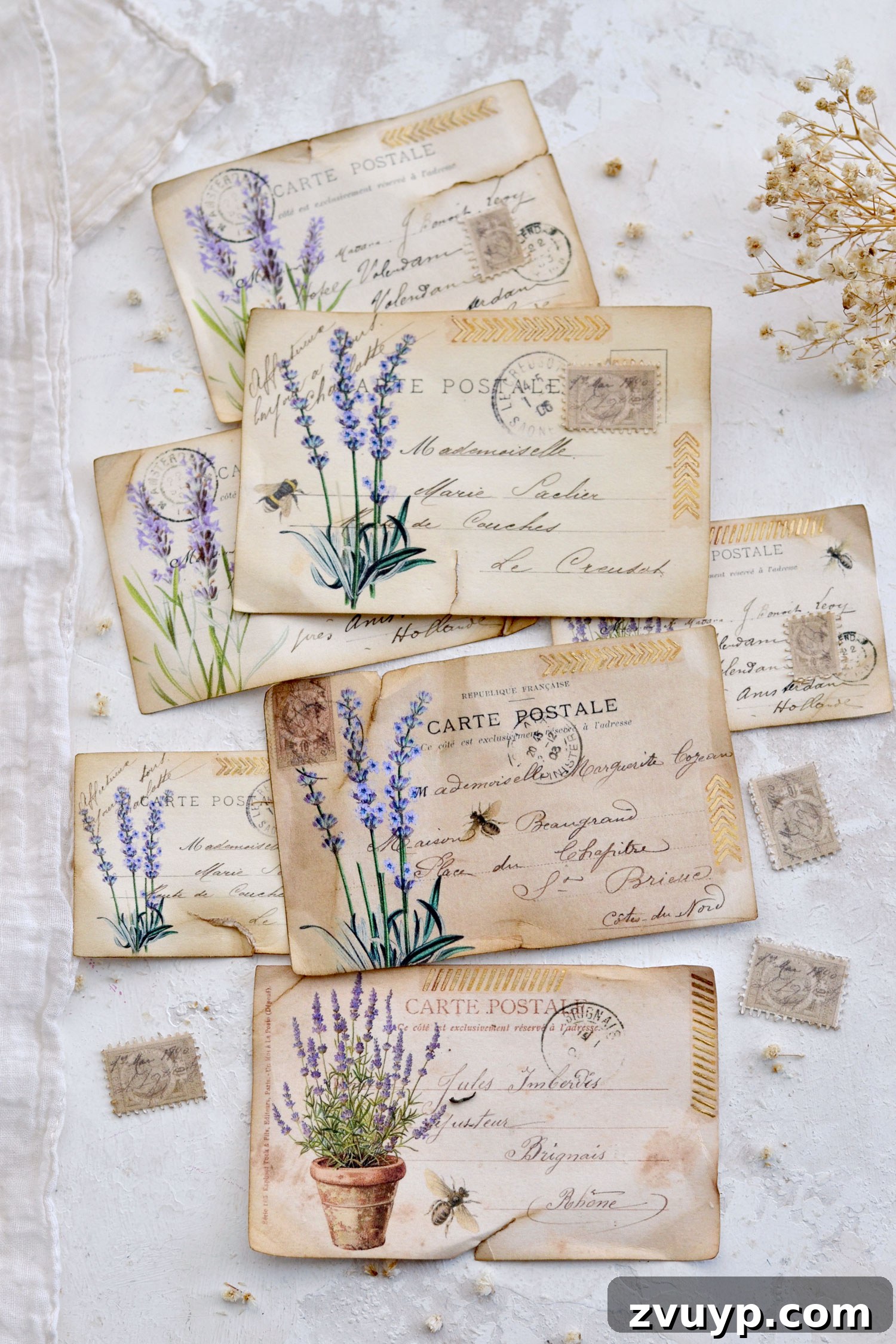Handcrafted Lavender Postcards Featuring Faux Washi 14 faux washi lavender postcards