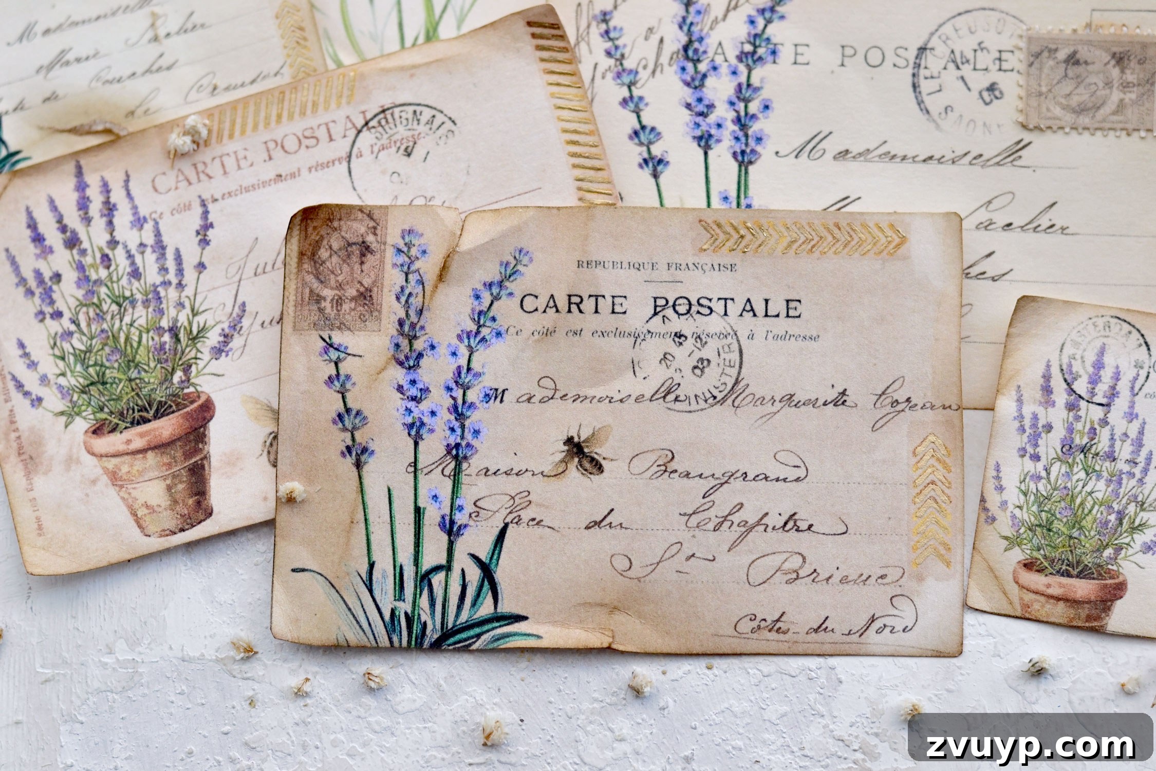 Handcrafted Lavender Postcards Featuring Faux Washi 15 vintage lavender postcards with gold touches