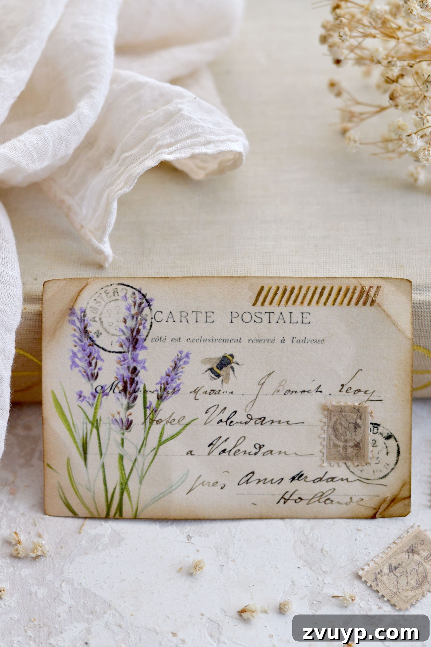 Handcrafted Lavender Postcards Featuring Faux Washi 16 vintage lavender postcards with gold washi