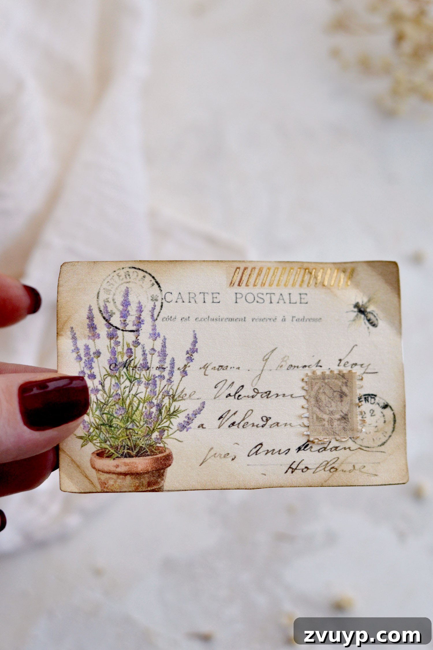Handcrafted Lavender Postcards Featuring Faux Washi 17 vintage lavender postcards with gold washi