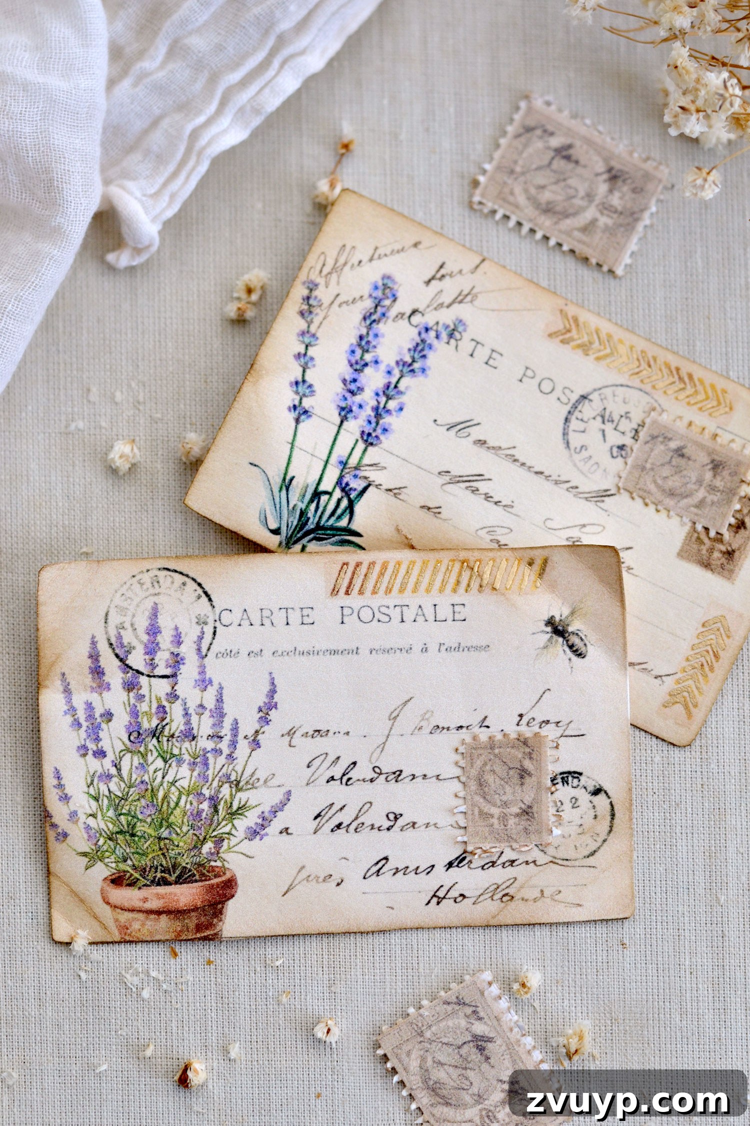 Handcrafted Lavender Postcards Featuring Faux Washi 18 faux gold washi lavender postcards
