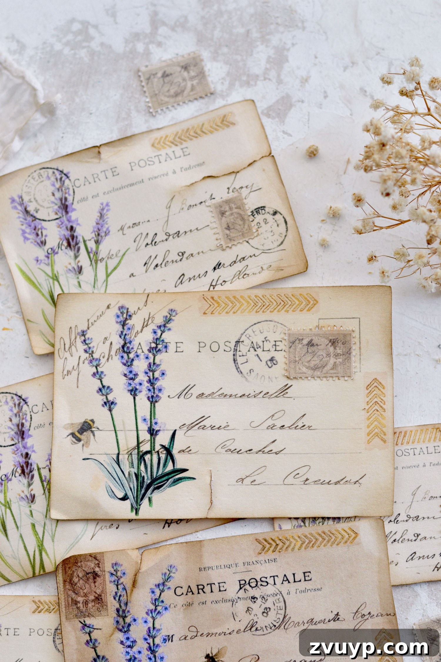 Handcrafted Lavender Postcards Featuring Faux Washi 19 vintage lavender postcards