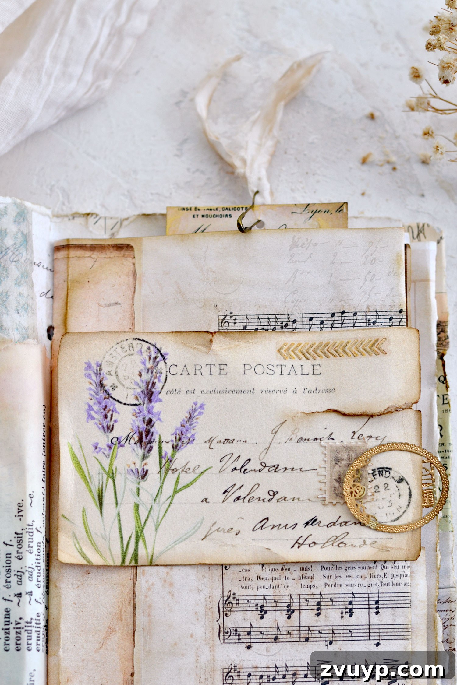 Handcrafted Lavender Postcards Featuring Faux Washi 20 vintage junk journal lavender postcard