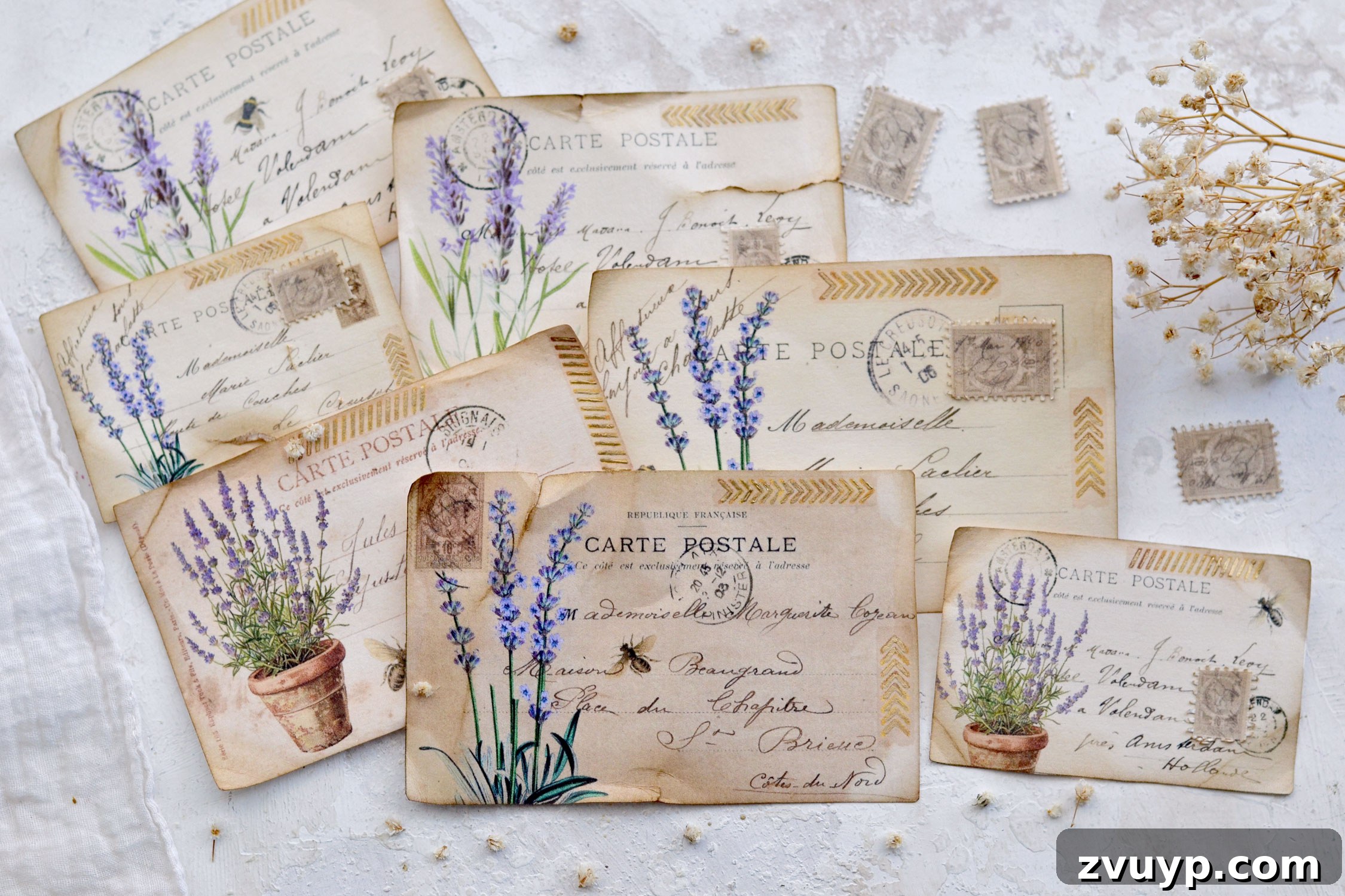 Handcrafted Lavender Postcards Featuring Faux Washi 3 faux washi lavender postcards
