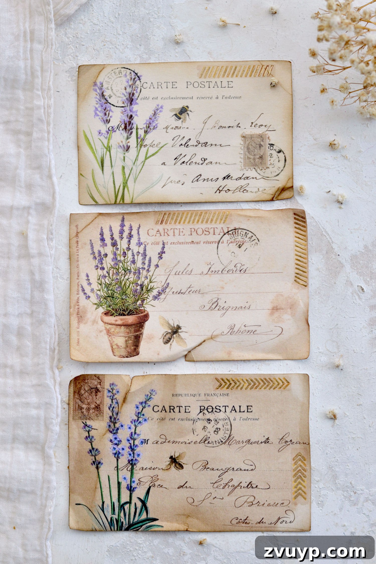 Handcrafted Lavender Postcards Featuring Faux Washi 21 vintage lavender postcards
